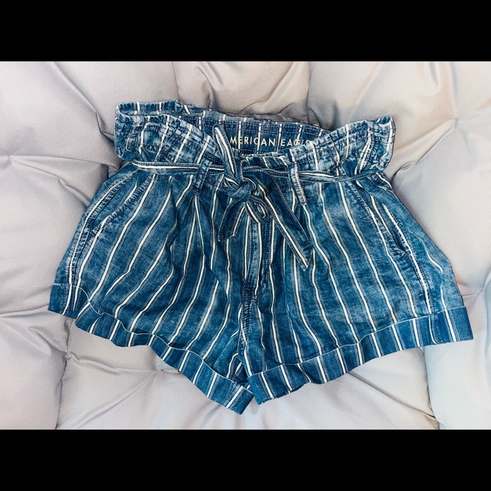 🐥American Eagle Hi Rise Shortie Blue White Striped Denim Jean Shorts